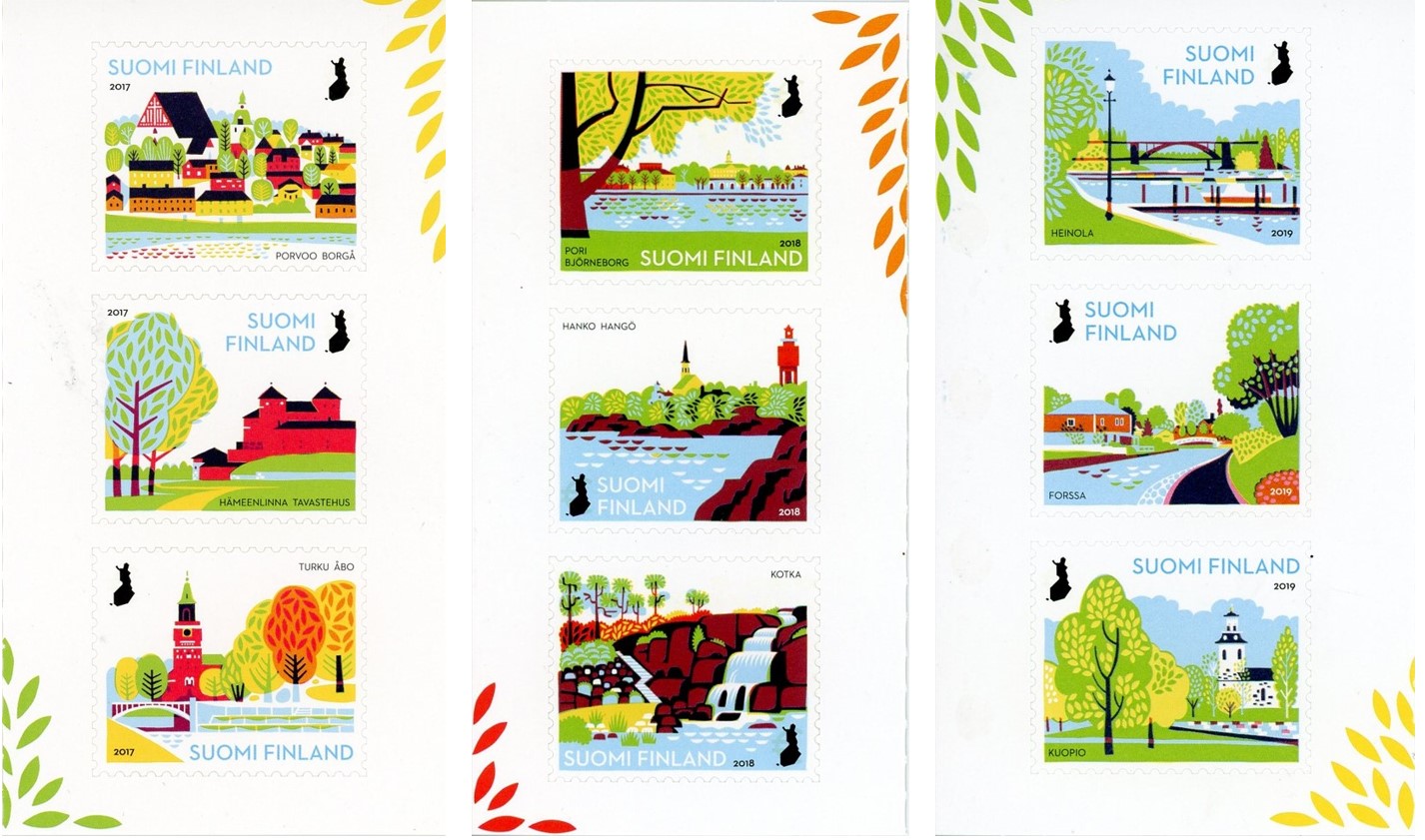 Kaupunkipuistoja-postimerkkisarjat v. 2017, 2018 ja 2019